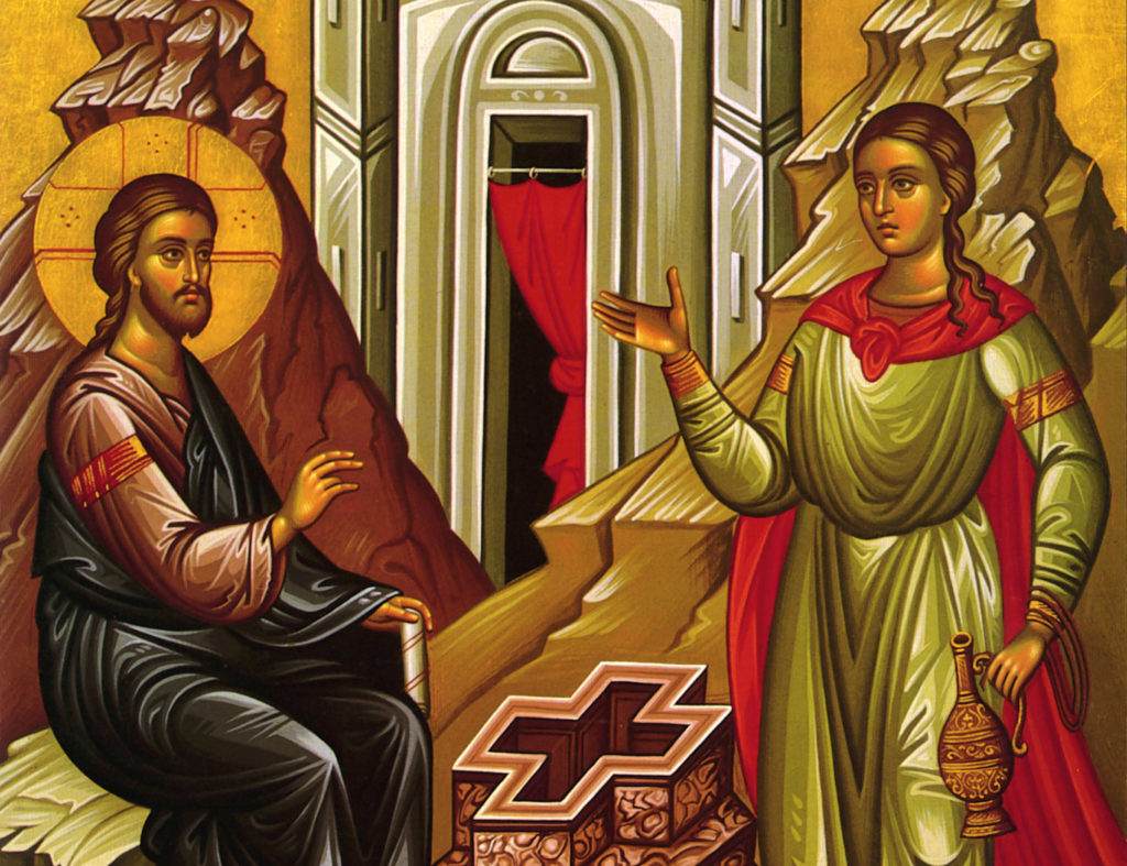 7 апреля какой святой. Христос и самарянка икона. Беседа Христа с самарянкой. Христос и самарянка у колодца. Беседа с самарянкой икона.